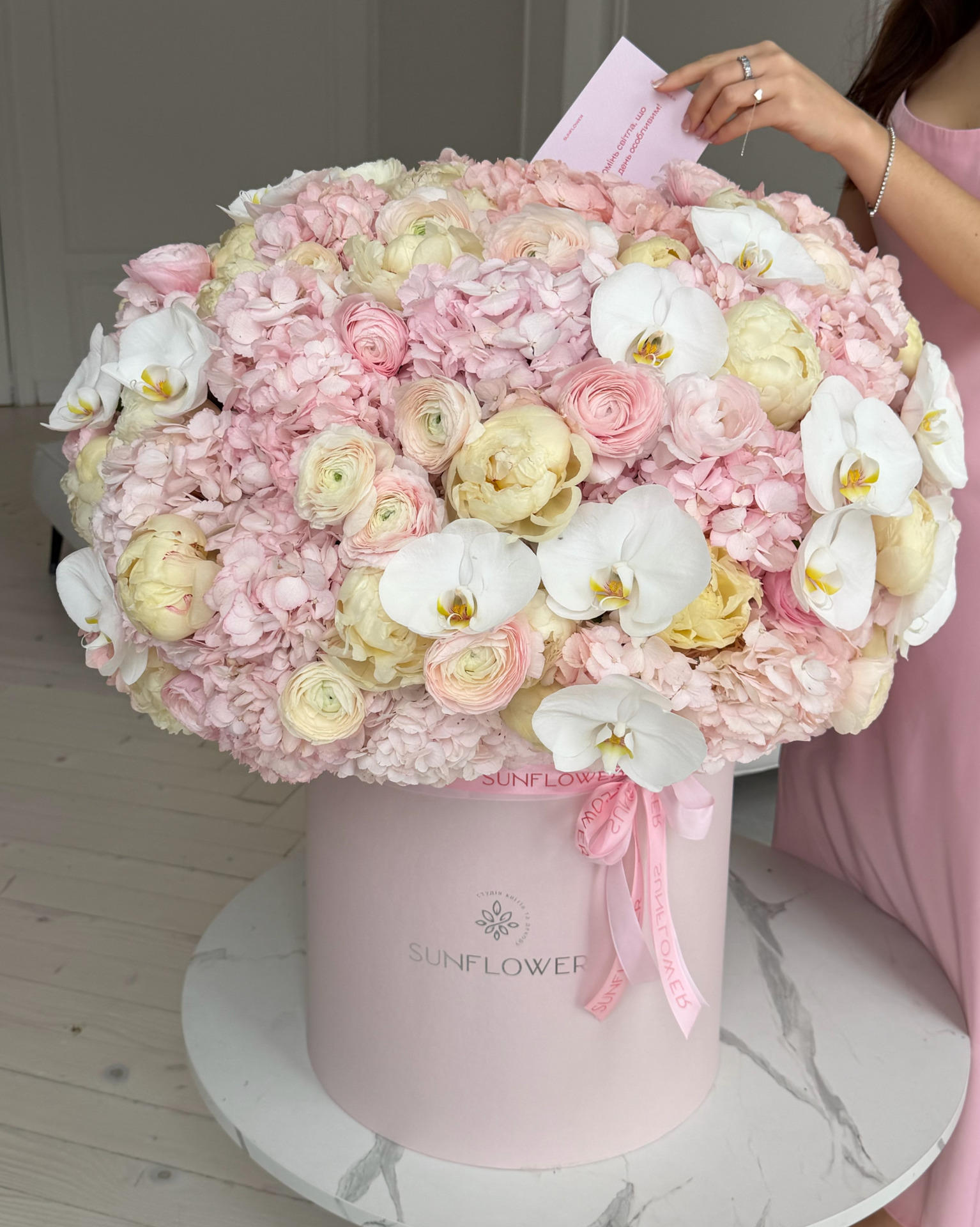 Box M with peonies and orchid