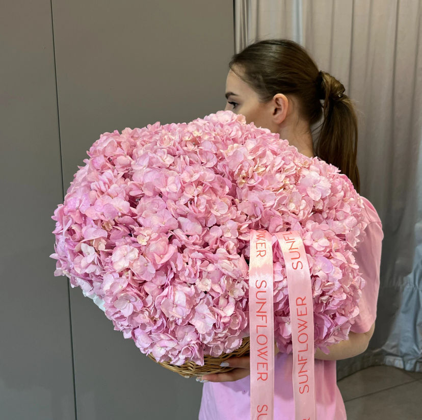 Delicate basket of pink hydrangea