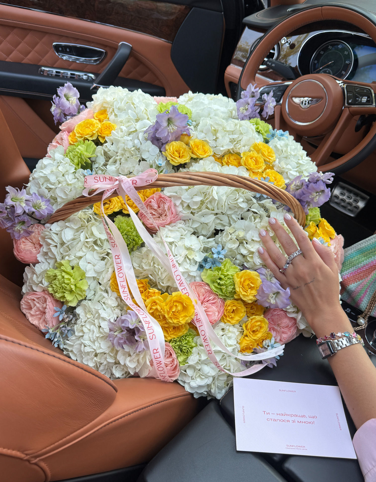 Flower arrangement in a basket of hydrangeas, dianthus, delphiniums and roses
