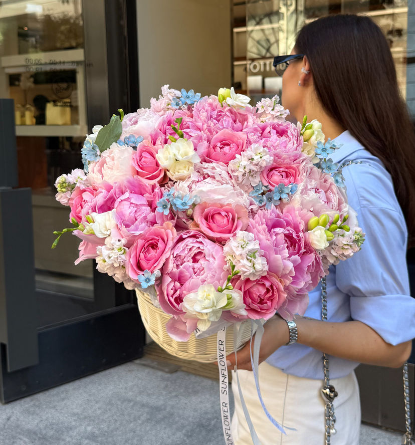 Peony Flower Arrangement in a Basket