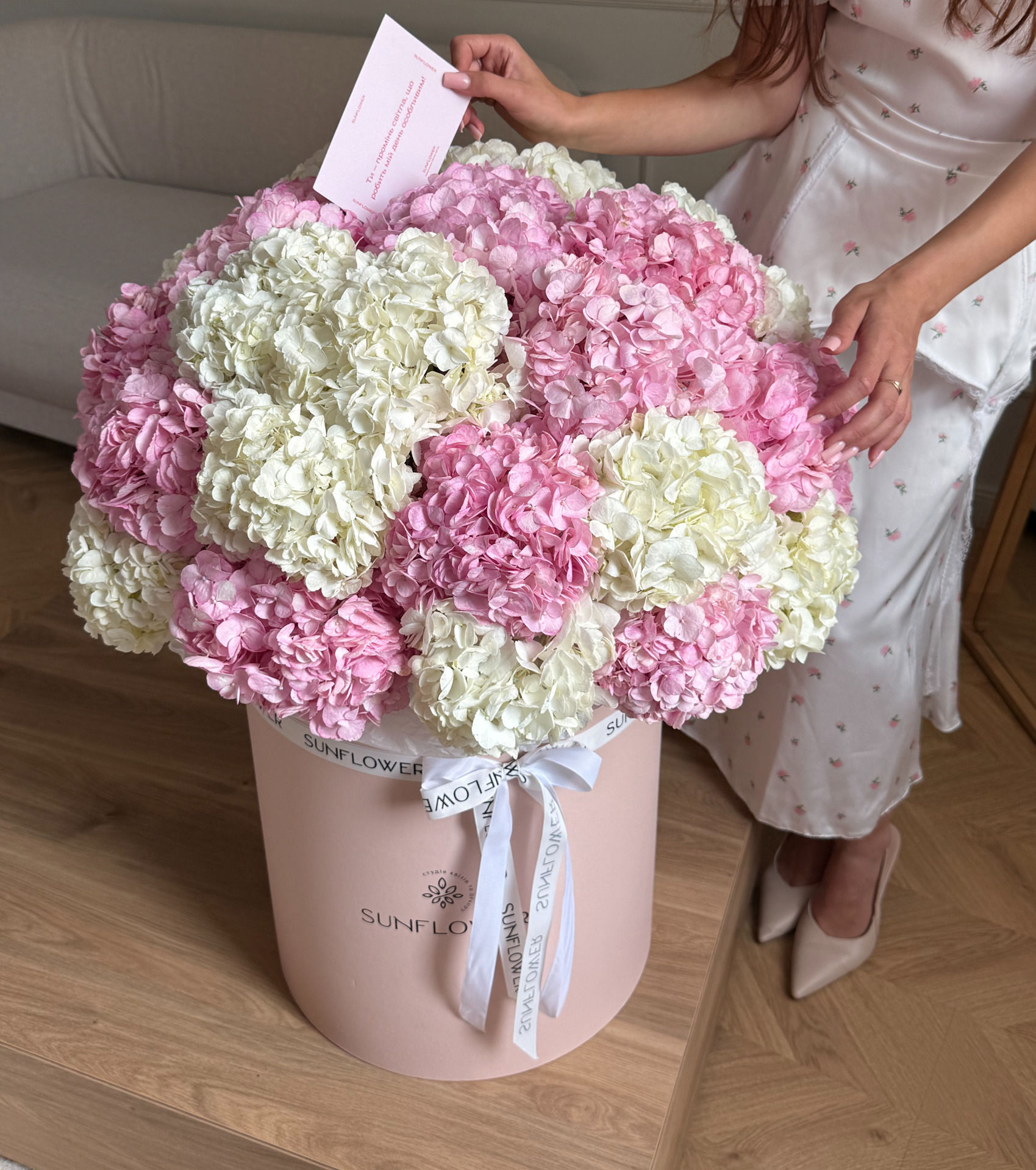 Pink & White Hydrangeas in a Box