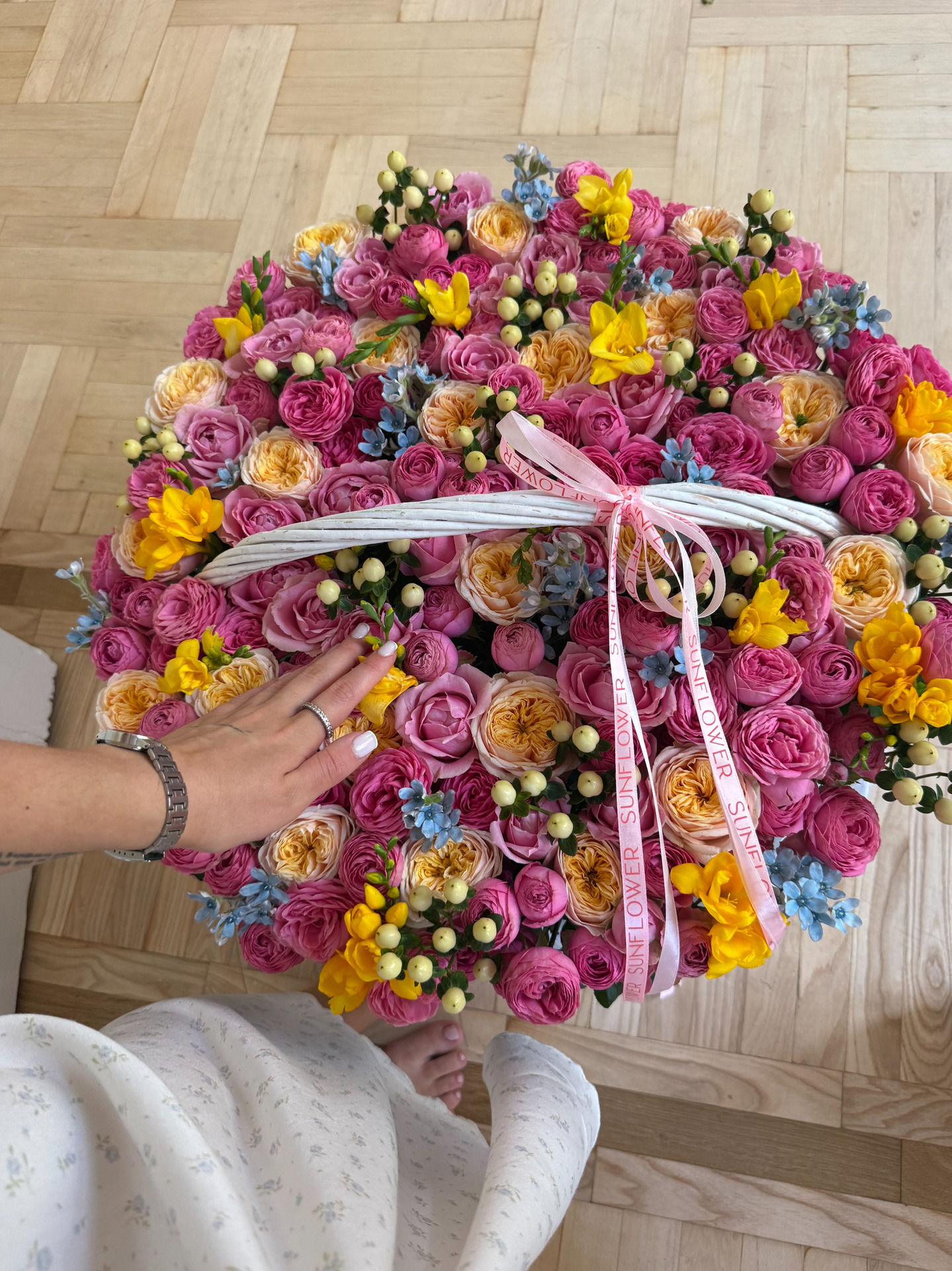 Peony Rose Flower Basket Arrangement