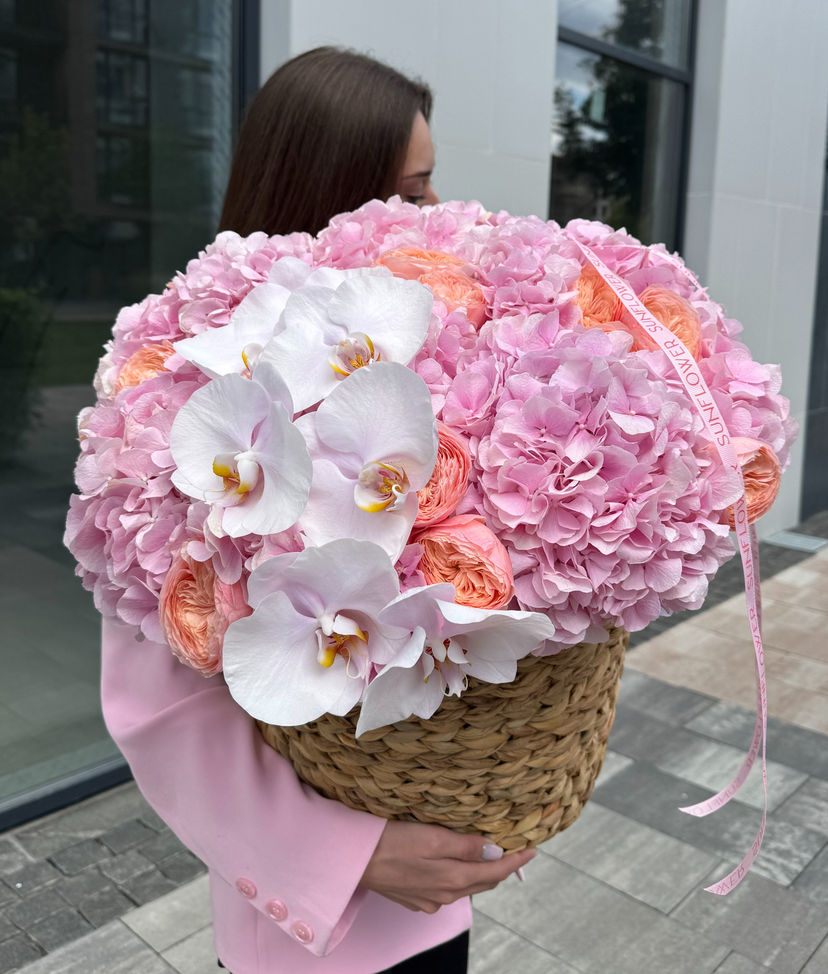 Basket Arrangement with Hydrangeas, Roses & Orchids