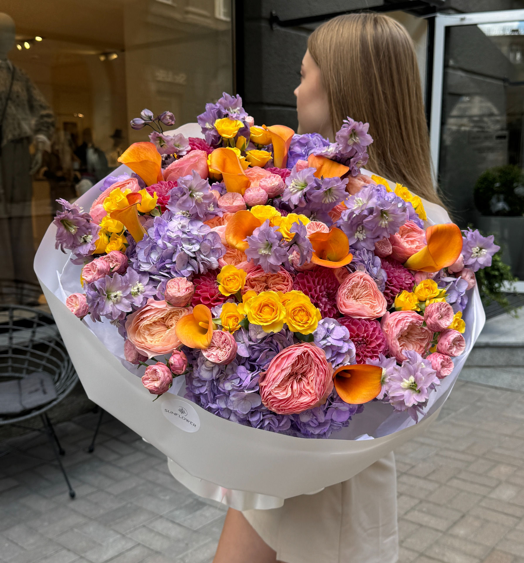 A vibrant mix of roses, hydrangeas, and delphiniums.