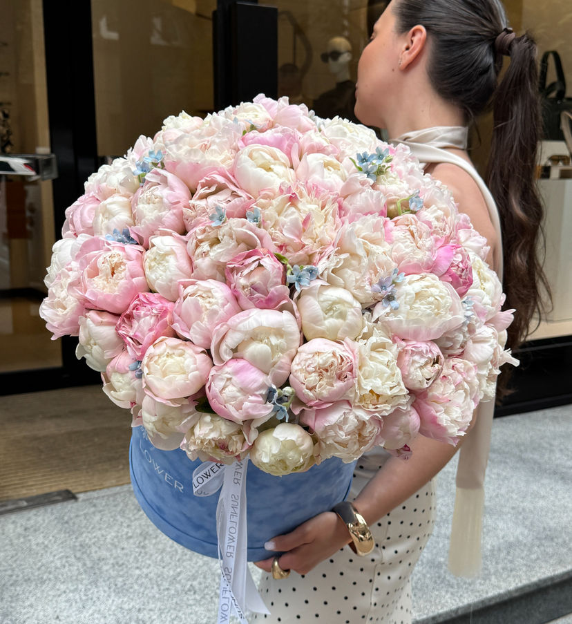 Peony Arrangement in Blue Velvet Box
