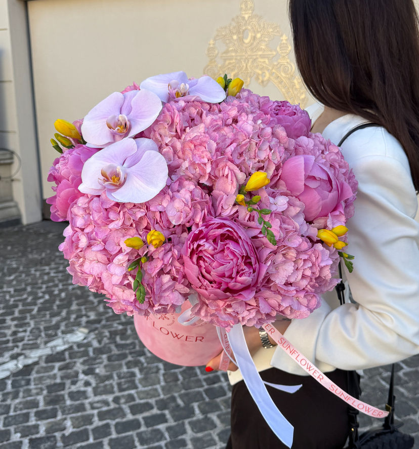 Hydrangea, Peony & Orchid Arrangement in a Box