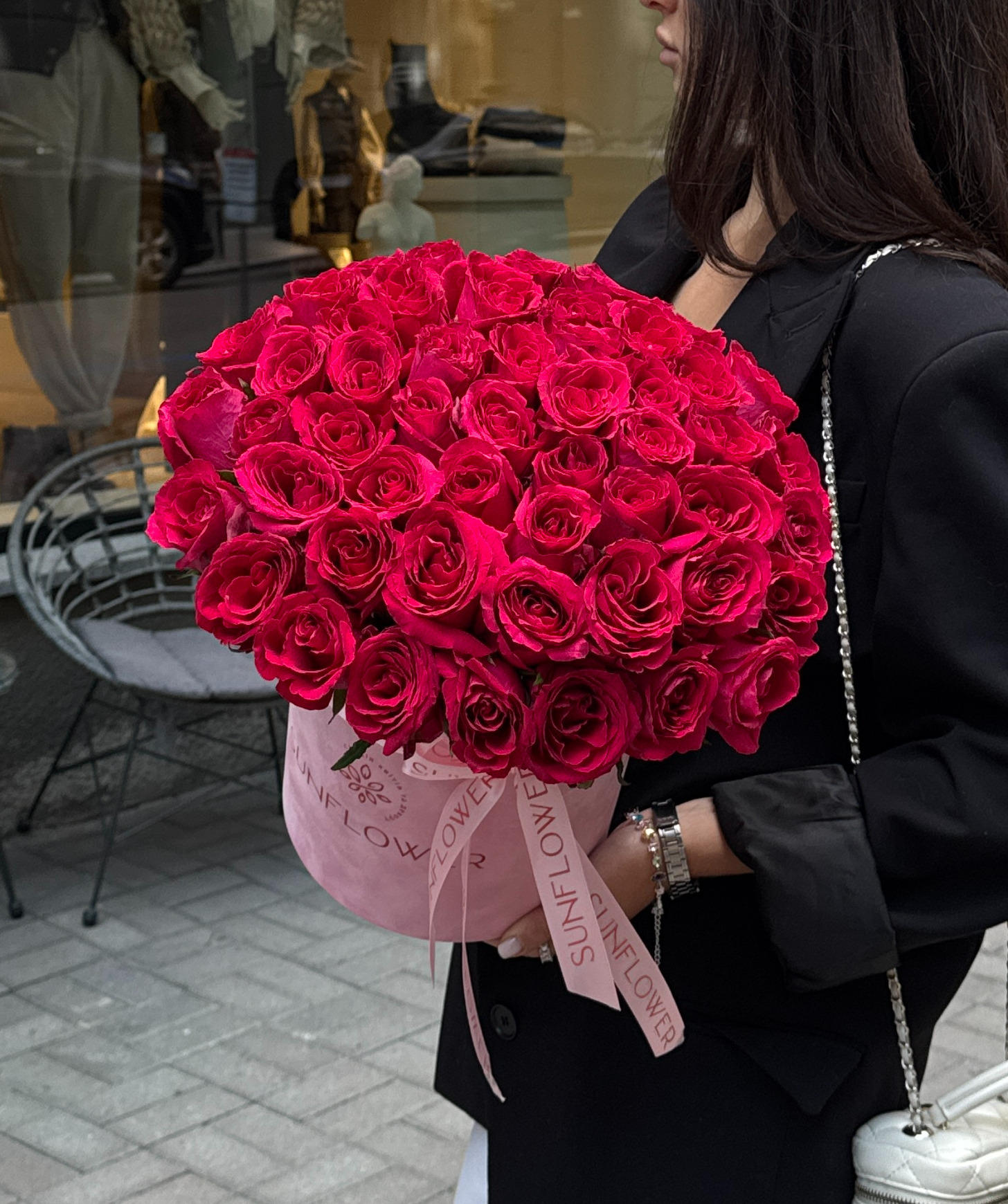 51 Madam Cerise Roses in a Pink Velvet Box