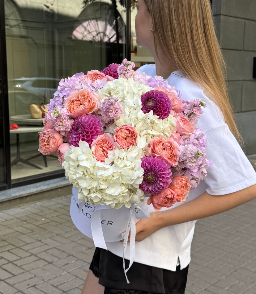 Flower Box with Hydrangeas, Dahlias & Roses