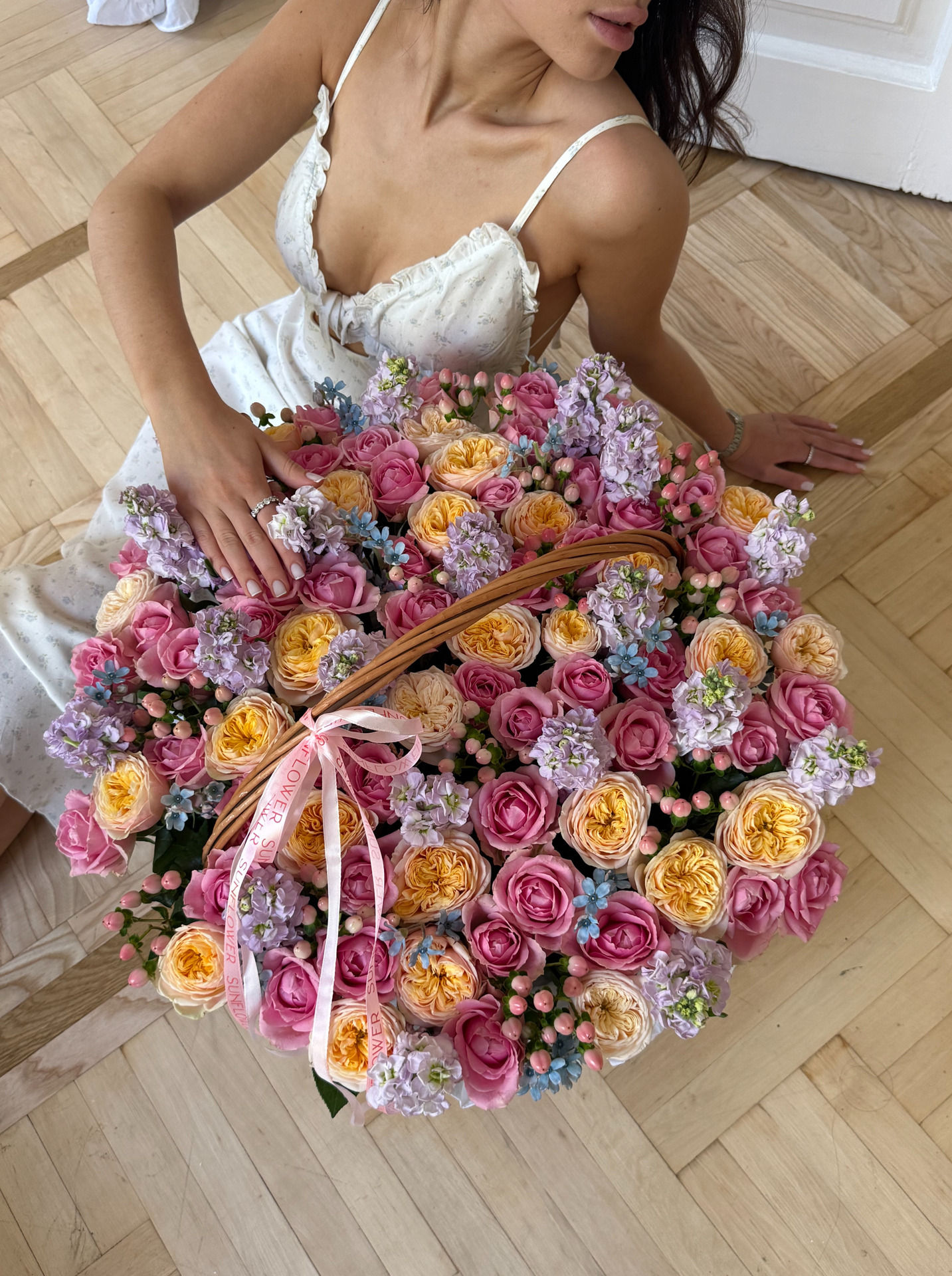 Rose & Stock Flower Basket Arrangement
