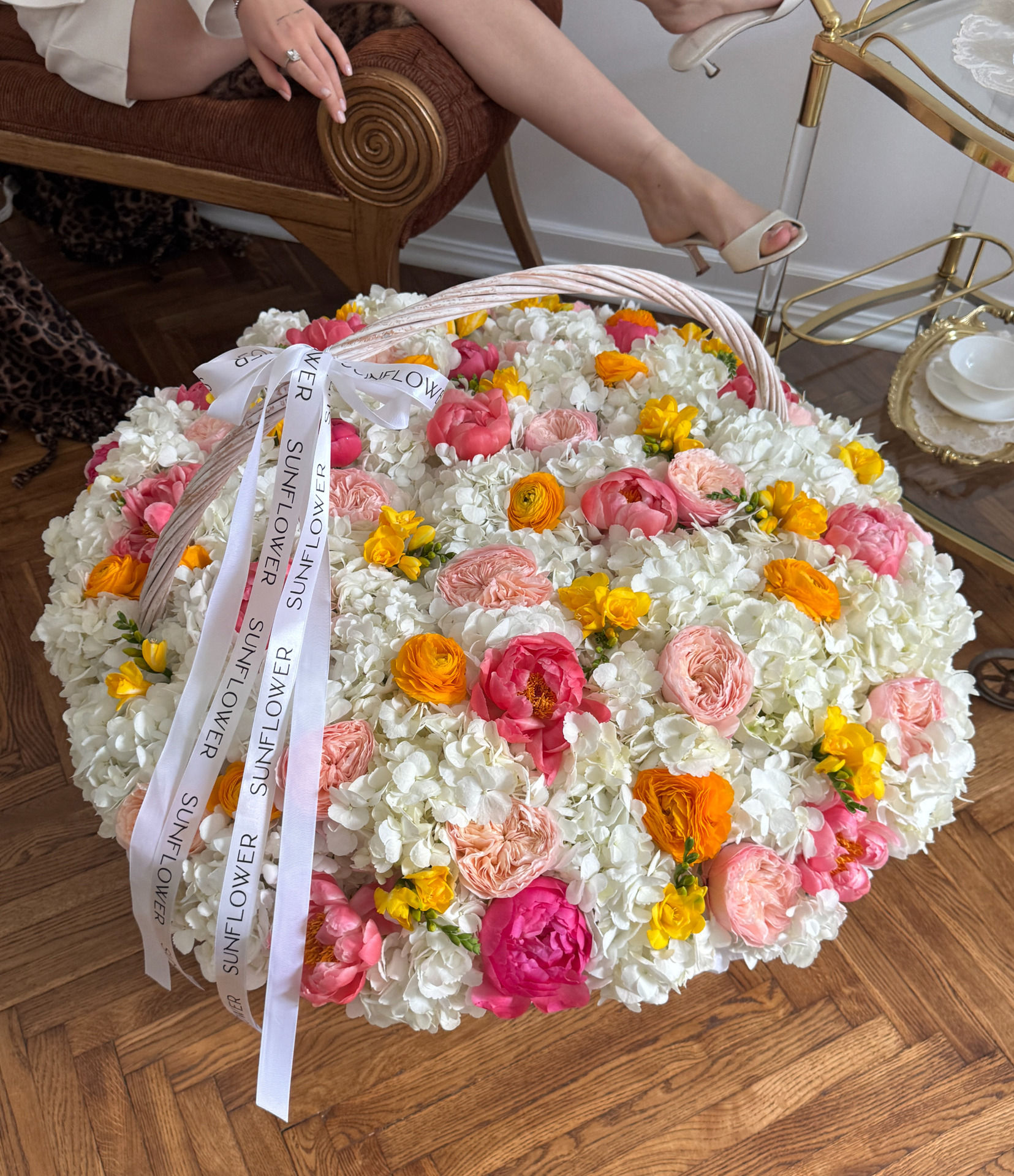 XL basket with white hydrangea and coral peonies