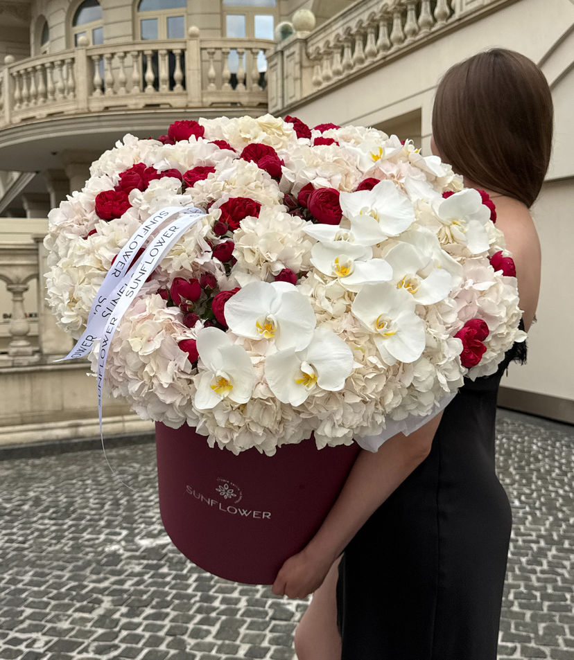 Flower Box with Hydrangea, Roses & Orchids