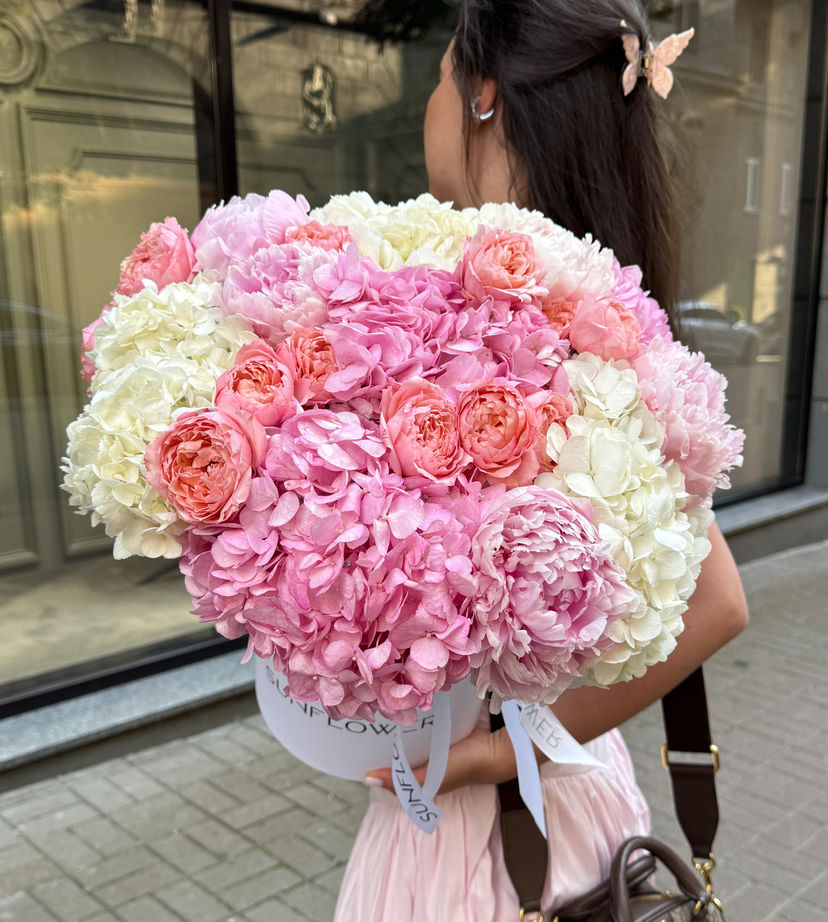 Hydrangea, Rose & Peony Box Arrangement