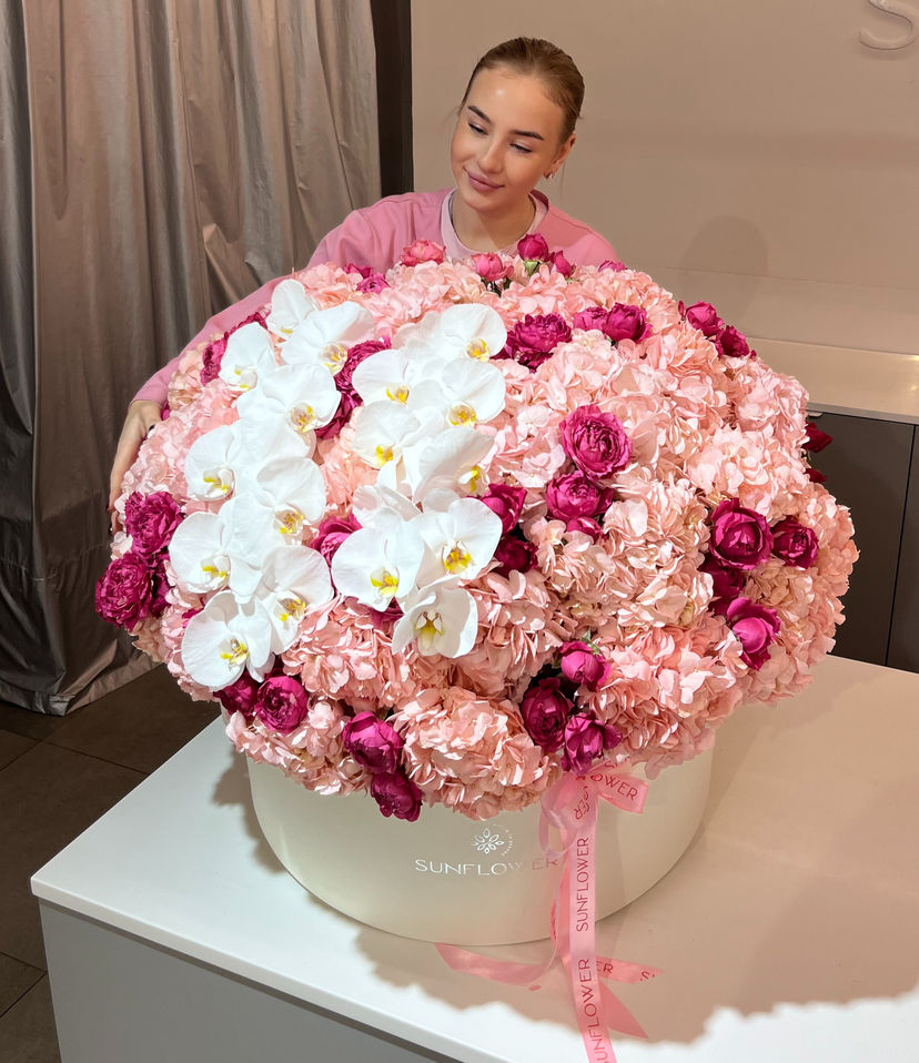 Box L of pink hydrangeas and bush roses