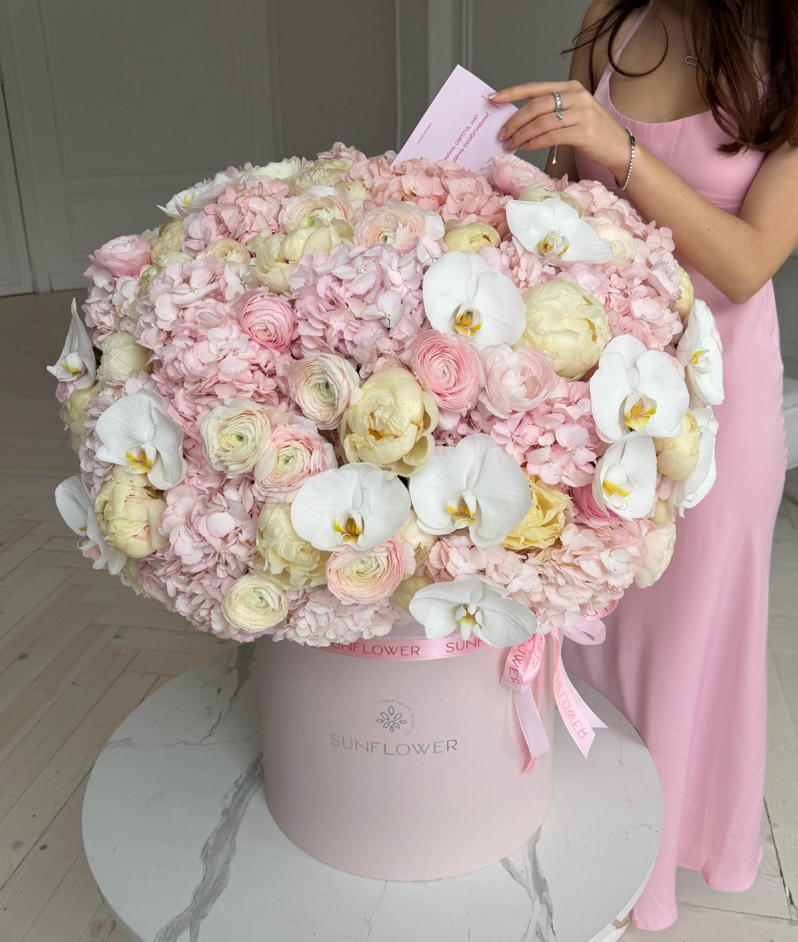 Box M with peonies and orchid