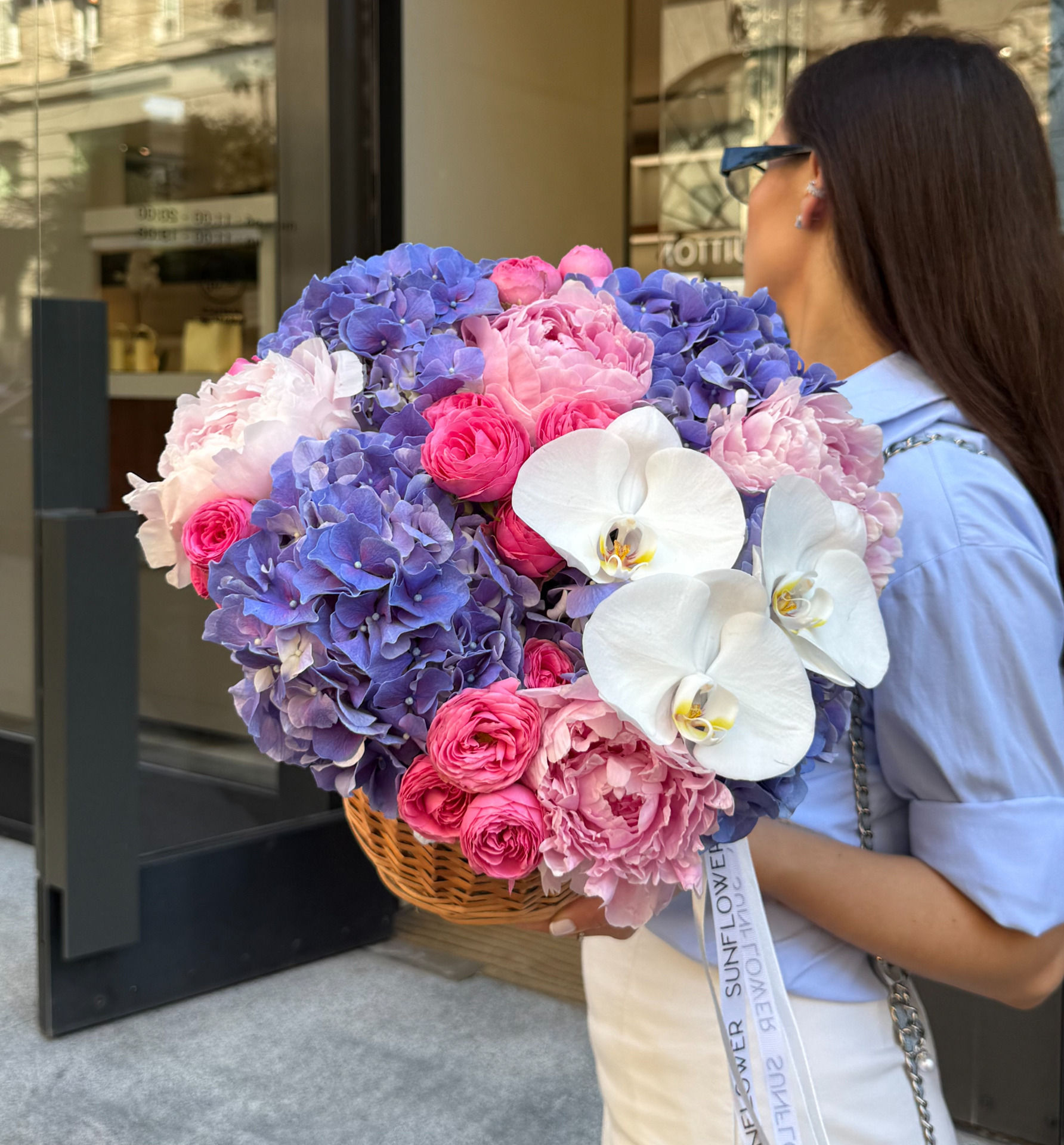 Basket Arrangement with Hydrangeas, Peonies & Orchids