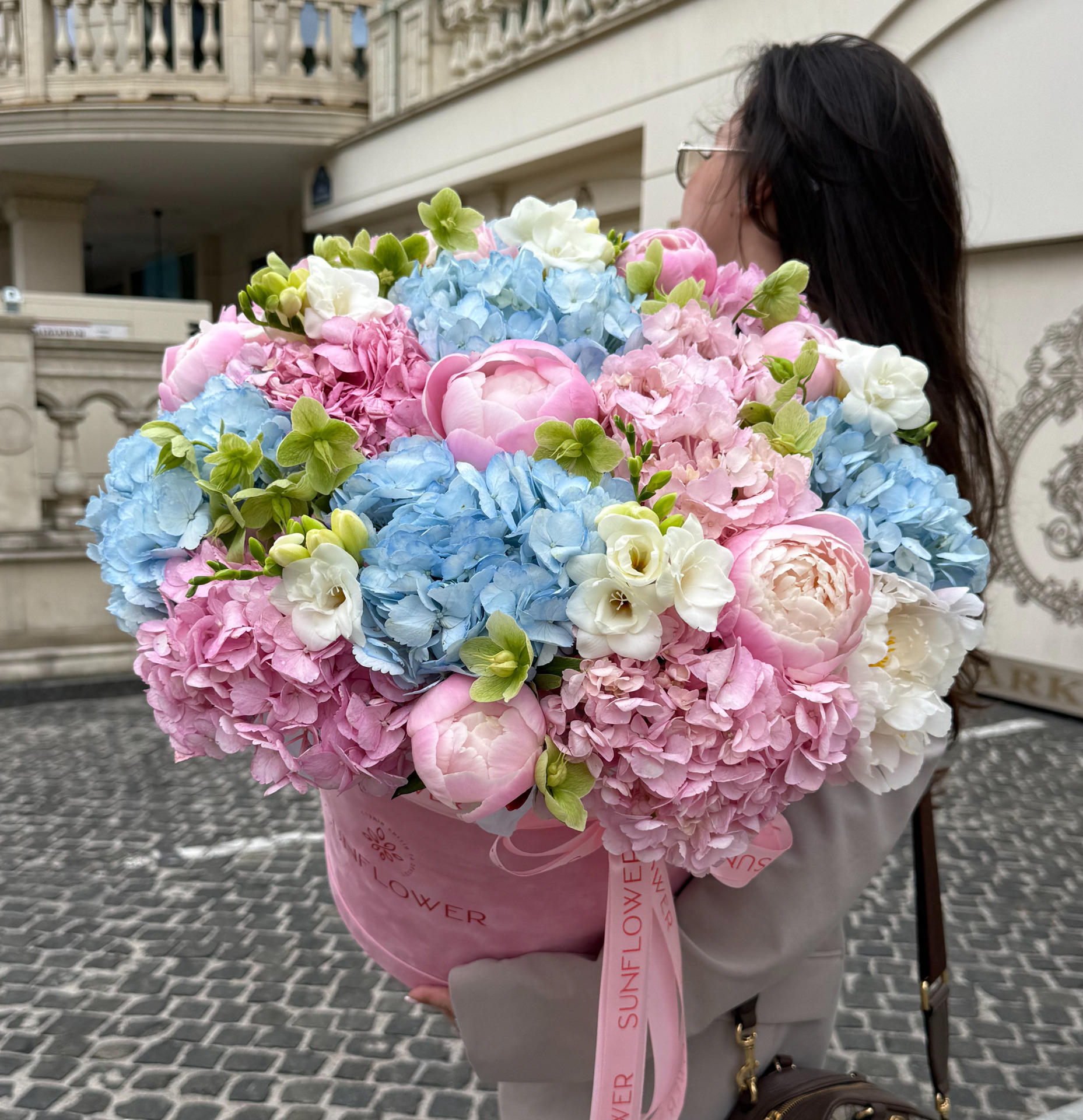 Box S with pink, blue hydrangea and delicate accents