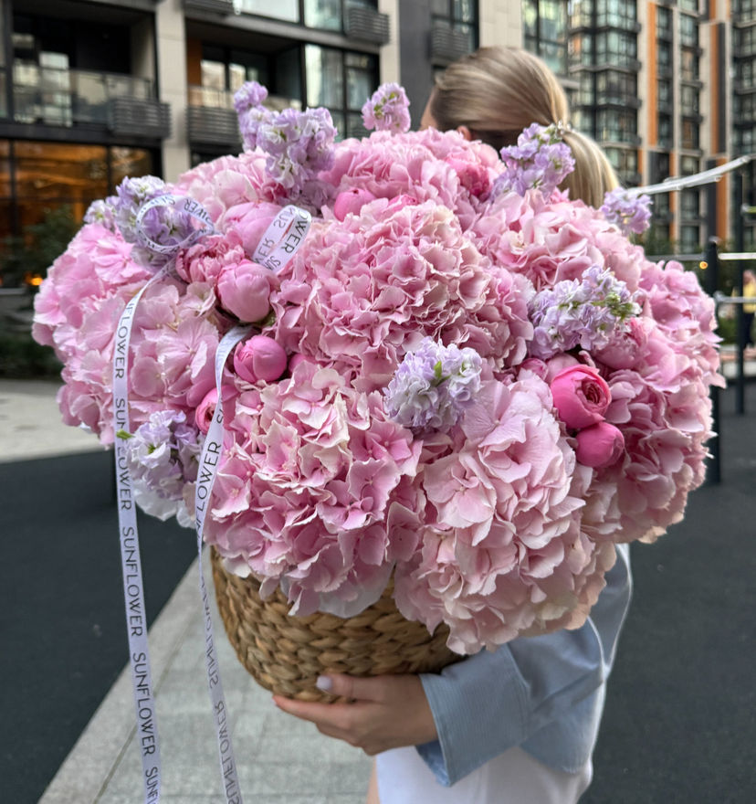 Hydrangea, Peony & Rose Basket Arrangement