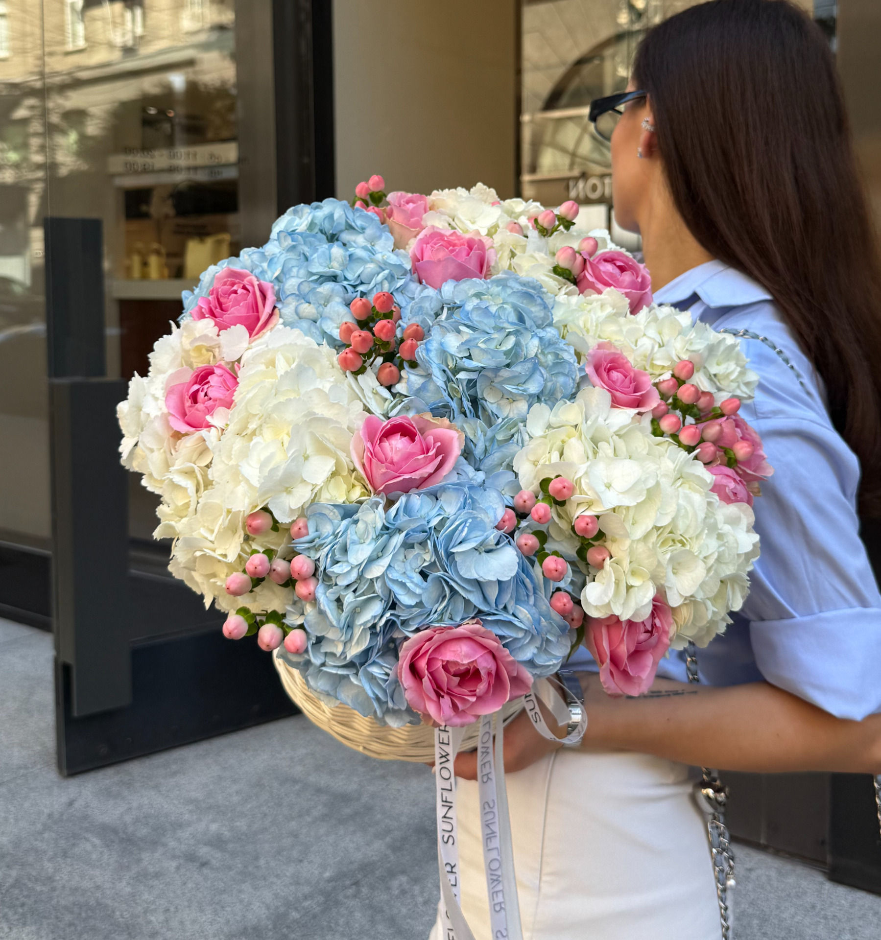 Hydrangea & Rose Basket Arrangement