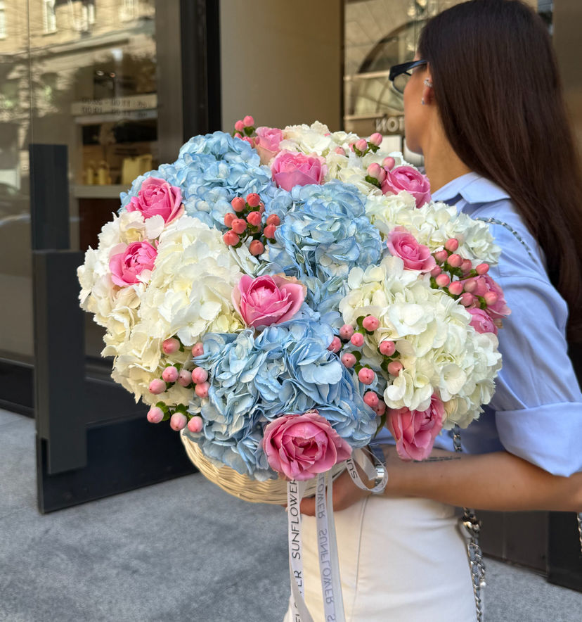 Hydrangea & Rose Basket Arrangement