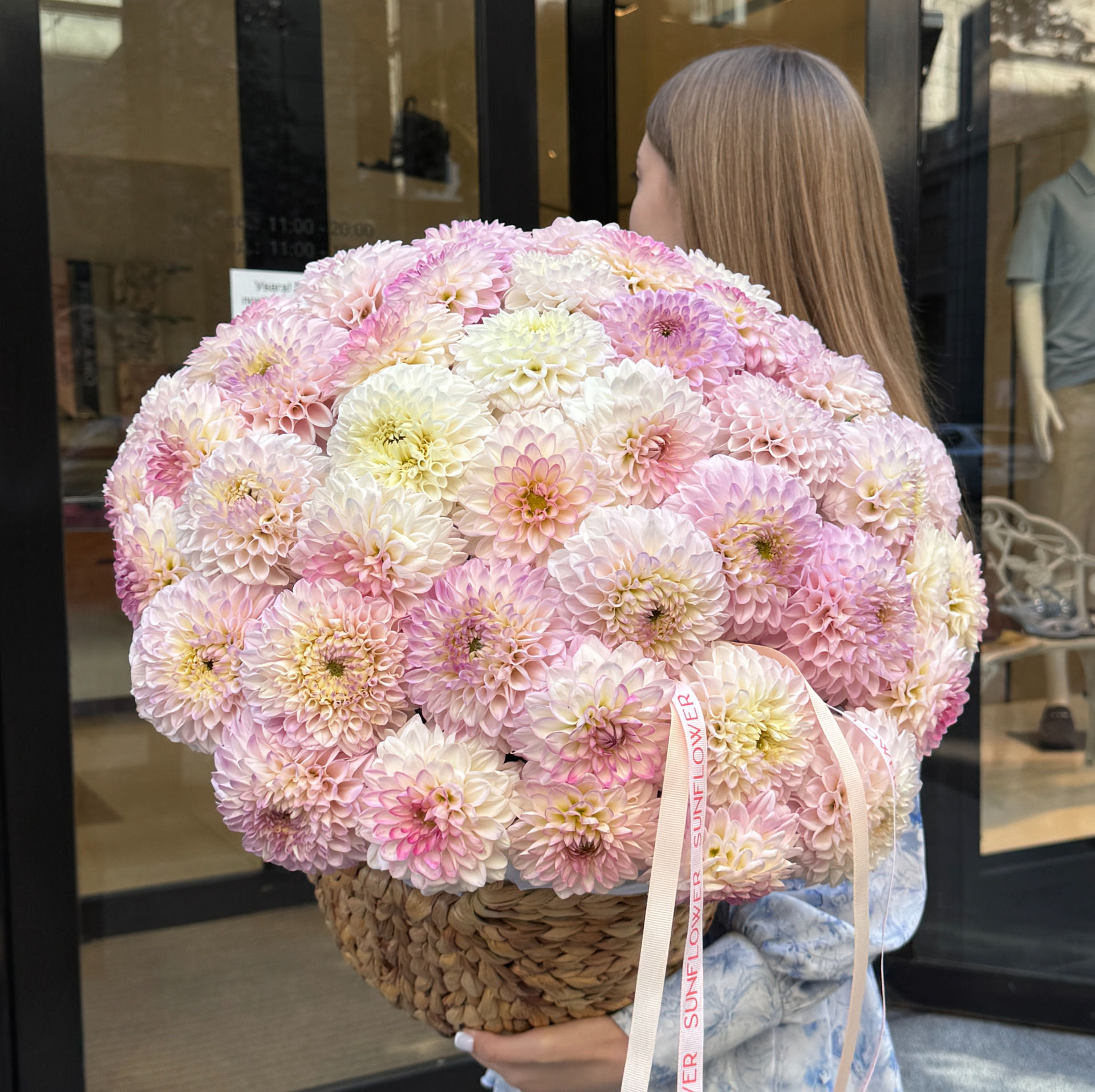 51  pale pink dahlia in a basket