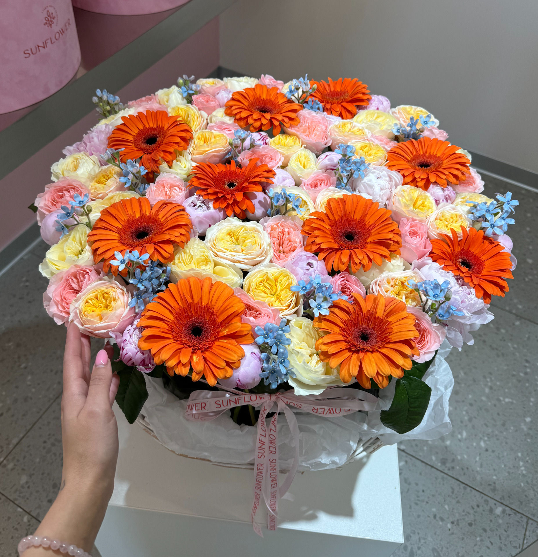 Basket Arrangement with Roses, Gerberas & Peonies