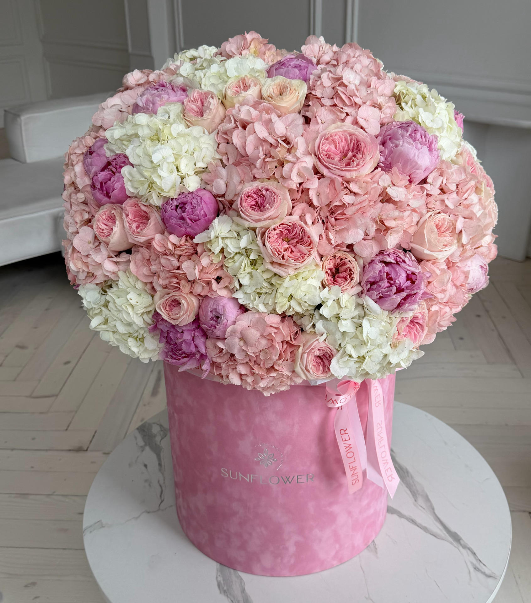 Box M with mixed hydrangeas and peonies