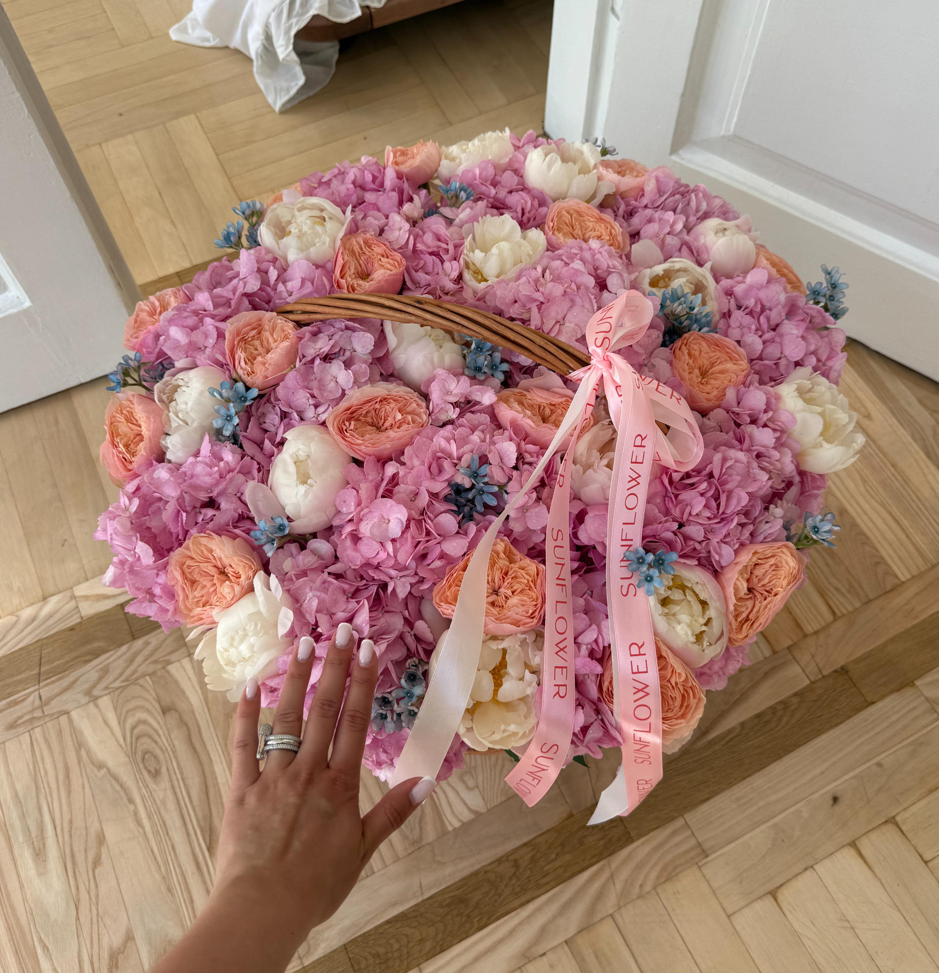 Flower Basket with Peonies, Hydrangeas & Roses