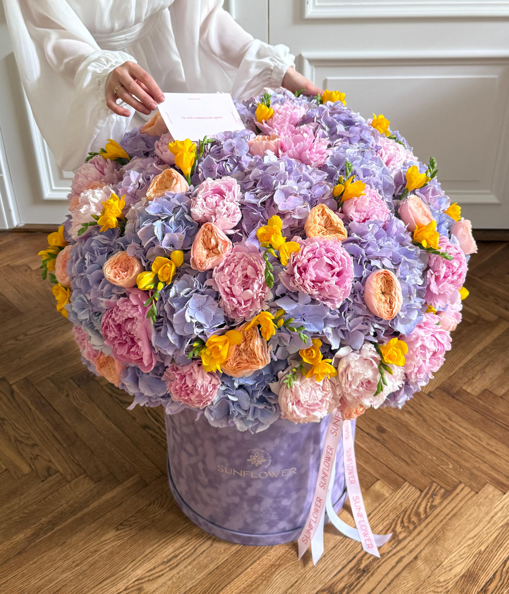 Hydrangea, Peony & Rose Arrangement in a Velvet Box