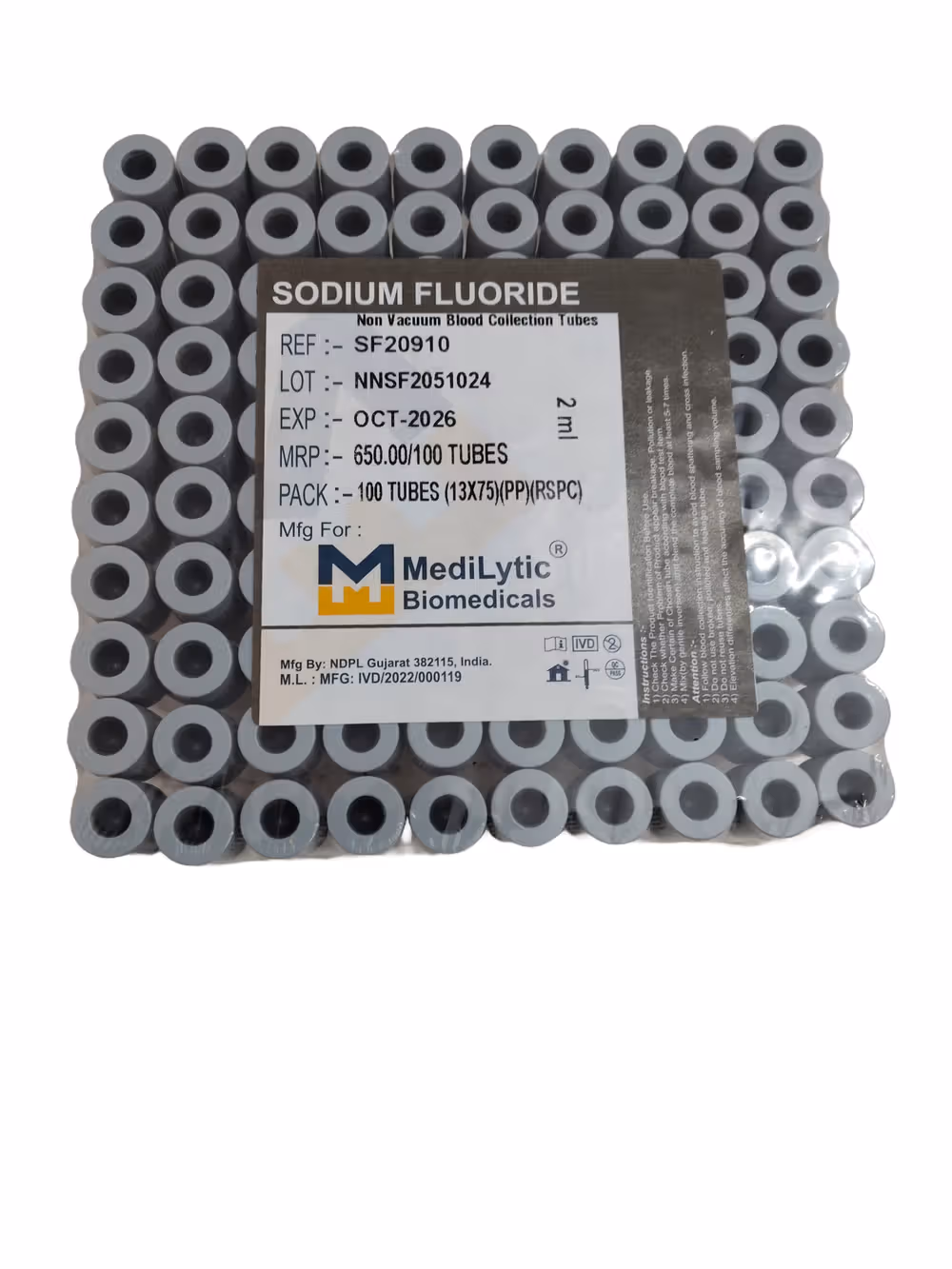 2 x  Medilytic Biomedicals Sodium Fluoride Non Vaccum Blood Collection Tube - 2ml Pack of 100 Pieces (SF20910)
