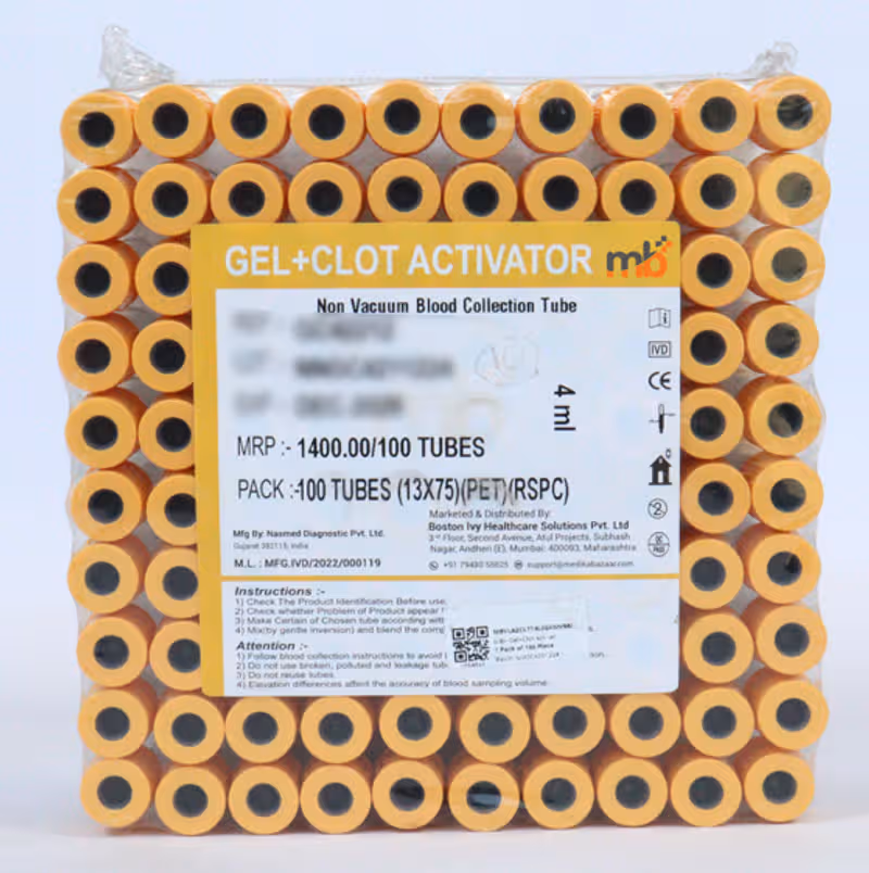 mb+ Gel+Clot Activator Non Vacuum Blood Collection Tubes - PET 4ml Pack of 100 Tubes