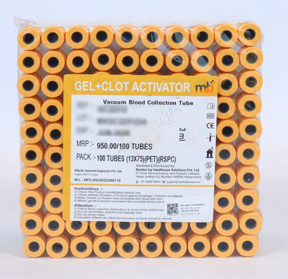 mb+ Gel+Clot Activator Vacuum Blood Collection Tubes - 13 x 75mm 3ml Pack of 100 Tubes
