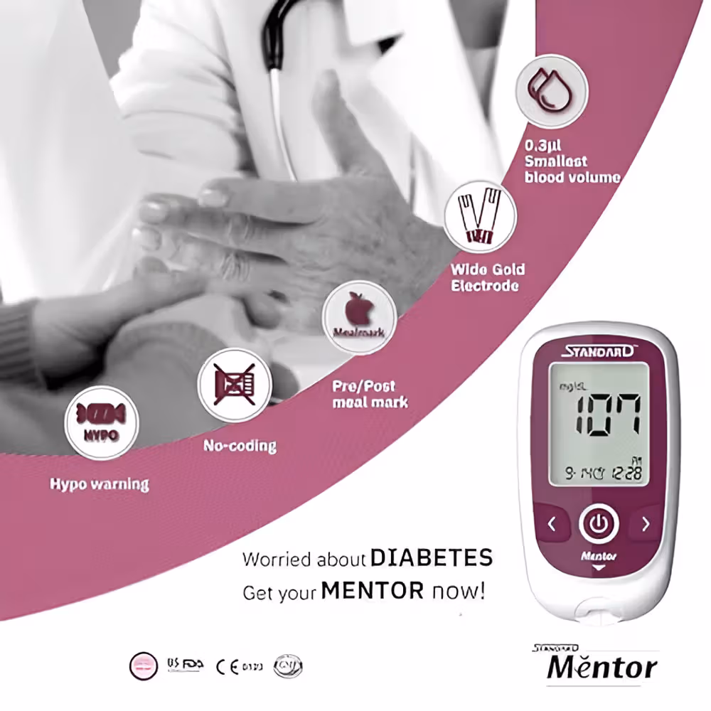 SD Biosensor Standard Mentor with 10 Strips,Lancet & Lancing Device Glucometer - Box of 1 Unit