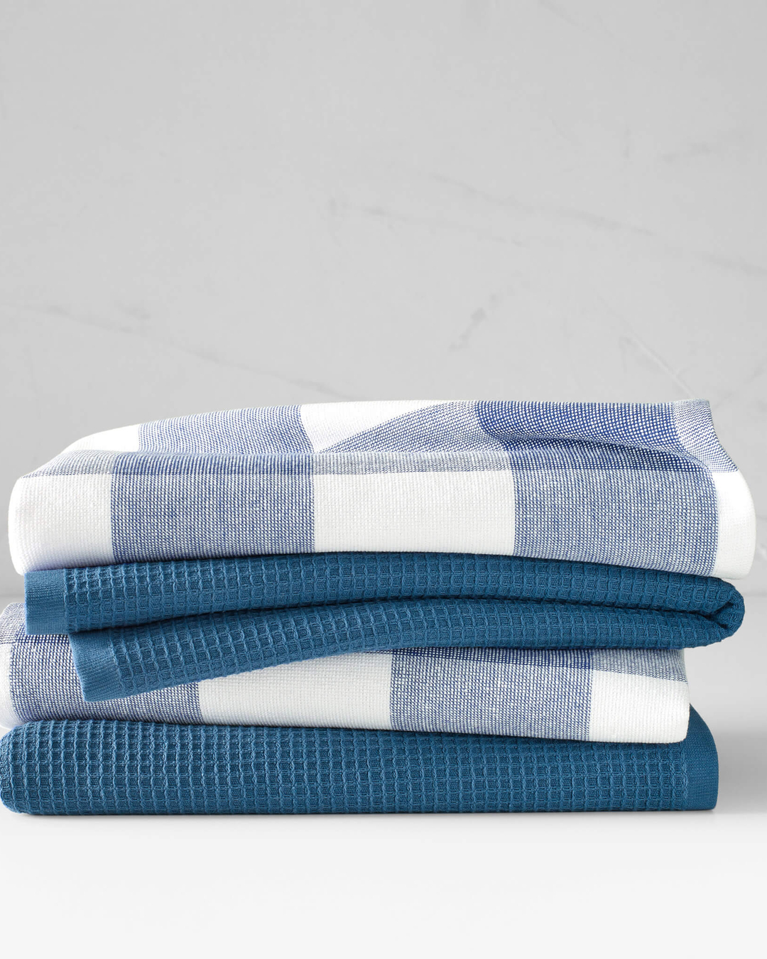 Jackson Plaid and Waffle Weave Kitchen Towel Set in Denim