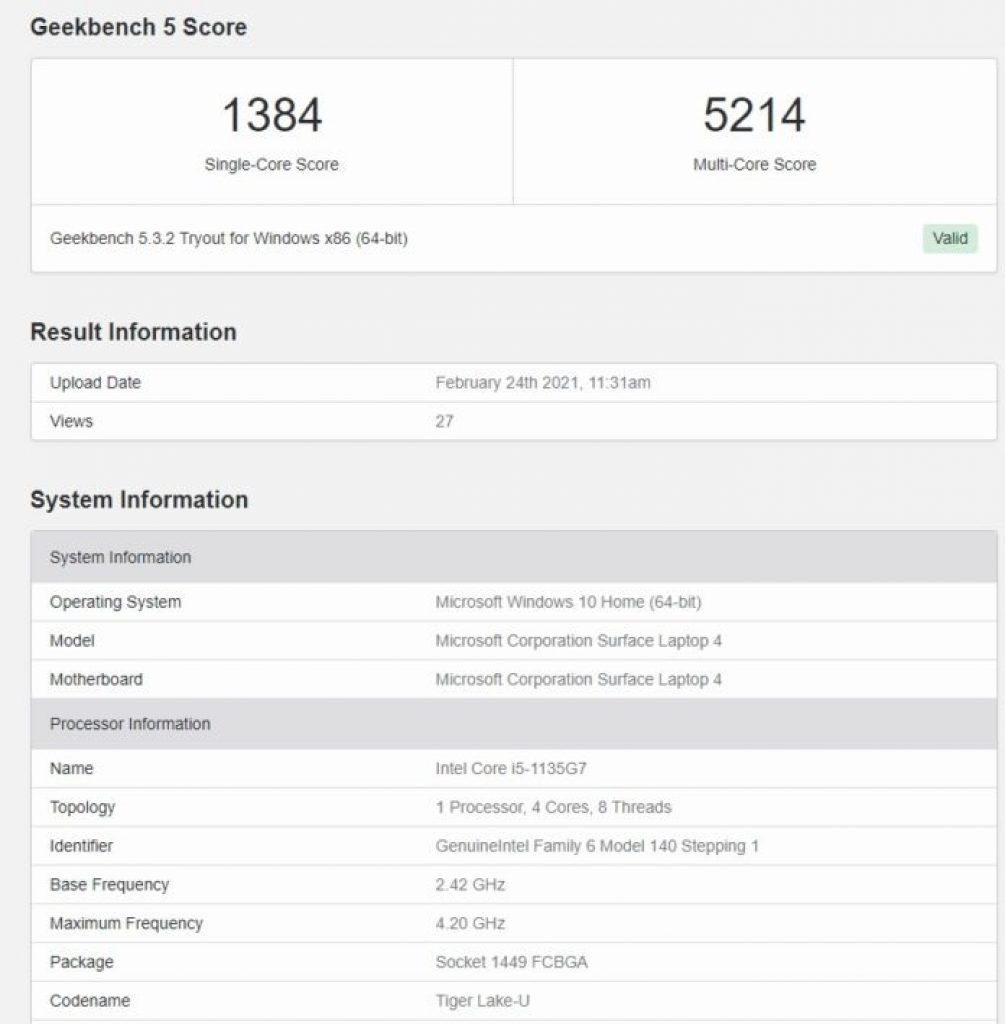 Microsoft Surface Laptop 4 Geekbench Benchmark 5 score 