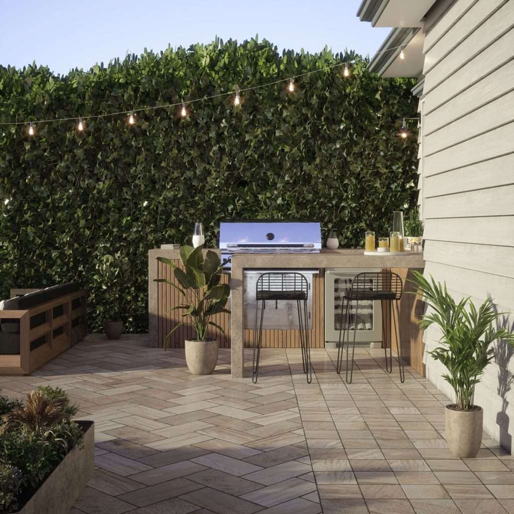 Outside garden area with sustainable tiles and plants