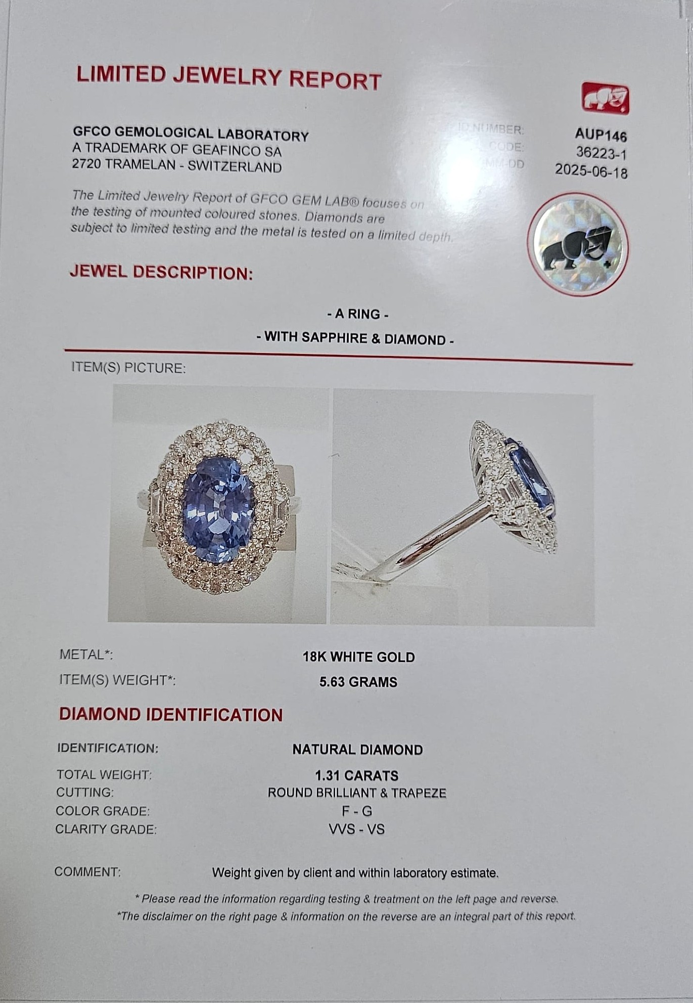  Inel Aur Alb 18k, Safir 3.13 ct, Diamante 1.31 ct 3