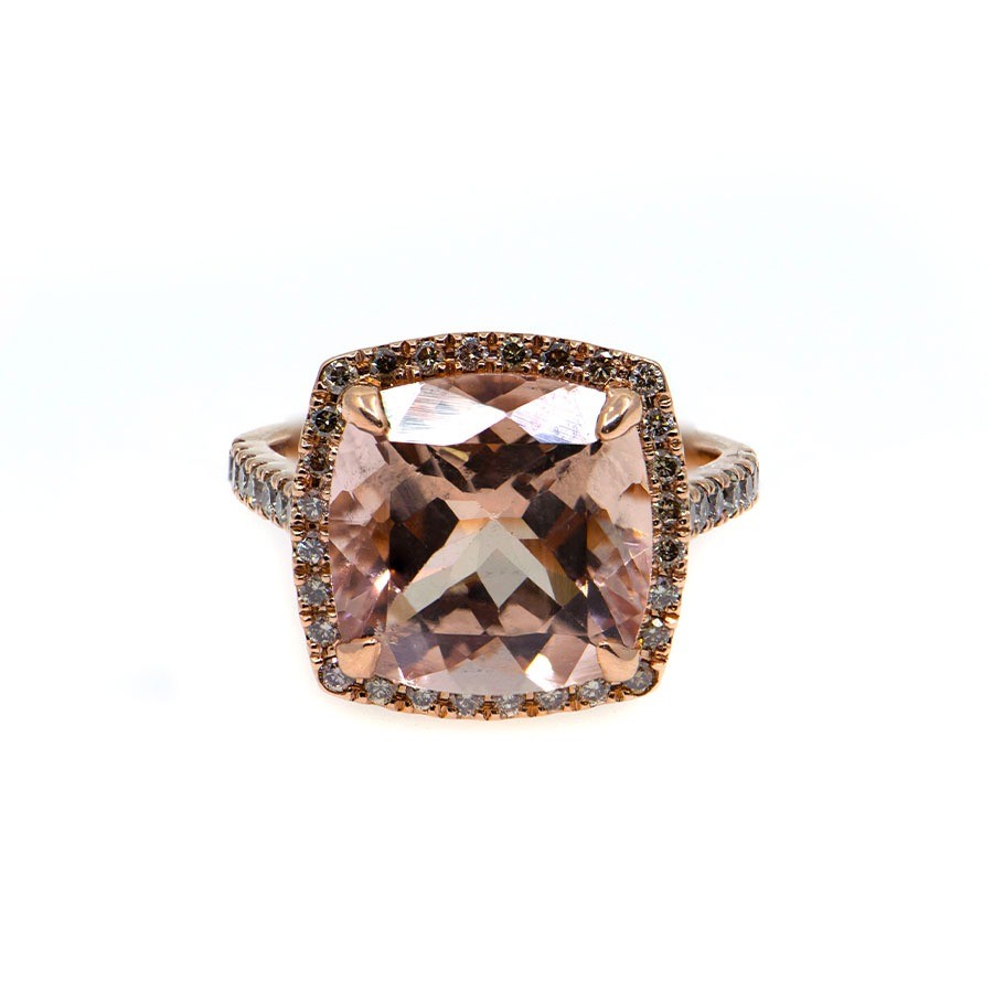  Inel Aur Roz 18k, Morganit  6.20 ct,  Diamante Champagne 0.68 ct 