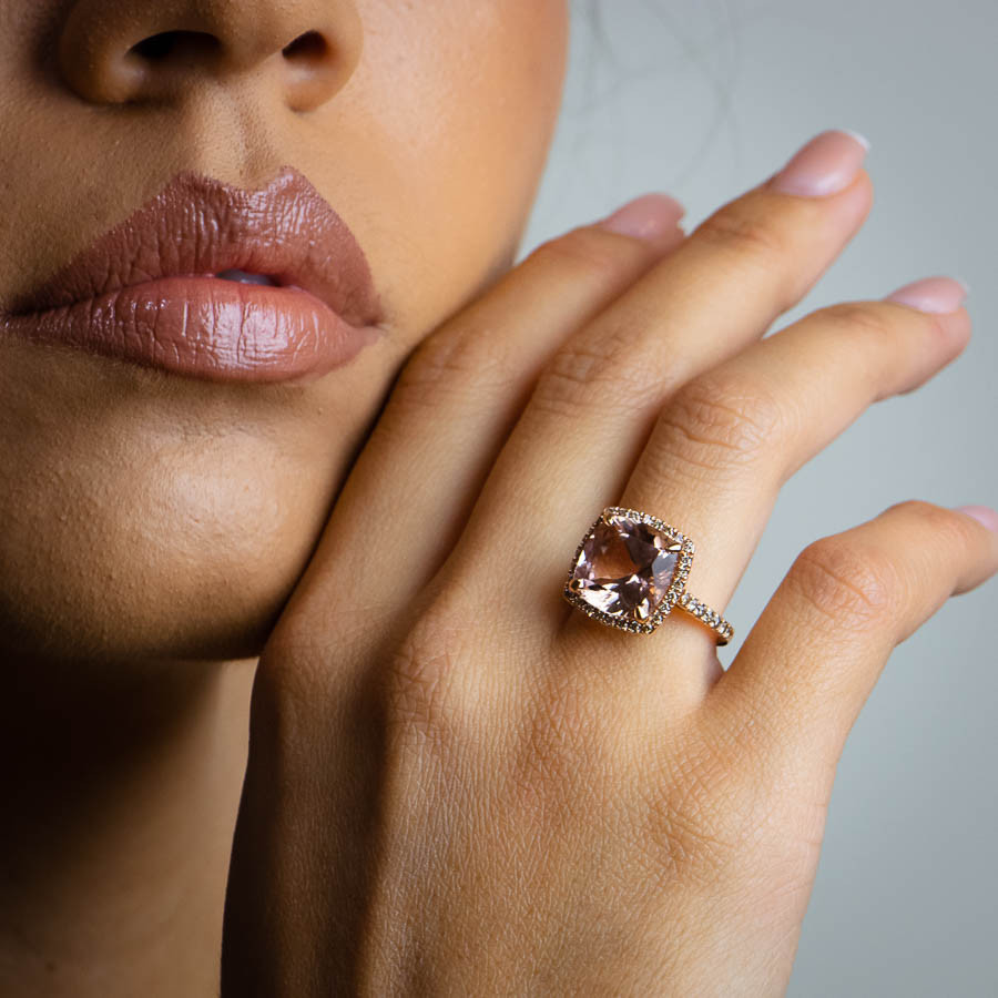  Inel Aur Roz 18k, Morganit  6.20 ct,  Diamante Champagne 0.68 ct 2