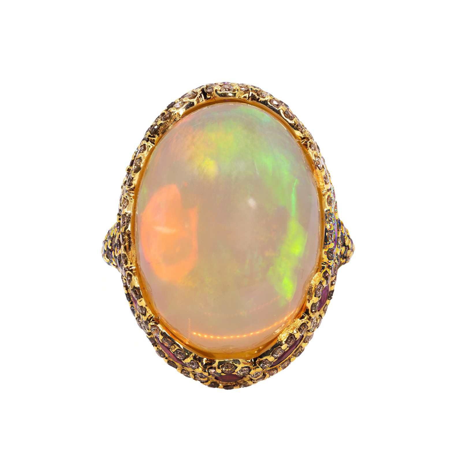  Inel Aur Galben 18k, Opal 20 ct, Rubin 1.42 ct, Diamante Champagne 1.17 ct 1
