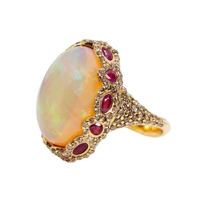  Inel Aur Galben 18k, Opal 20 ct, Rubin 1.42 ct, Diamante Champagne 1.17 ct 2
