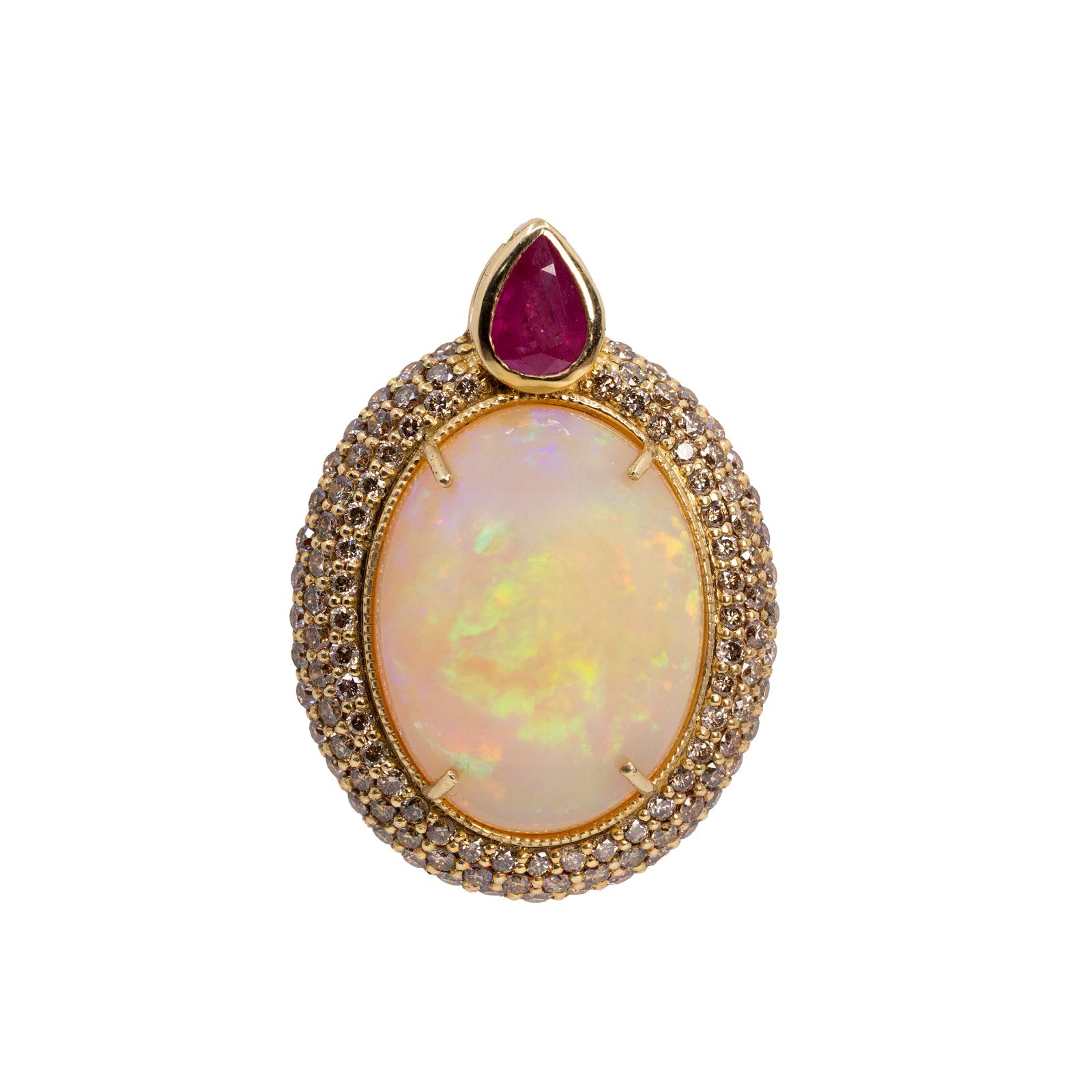  Pandantiv Aur Galben 18k, Opal 18.50 ct, Rubin 1.00 ct, Diamante Champagne 2.00 ct 