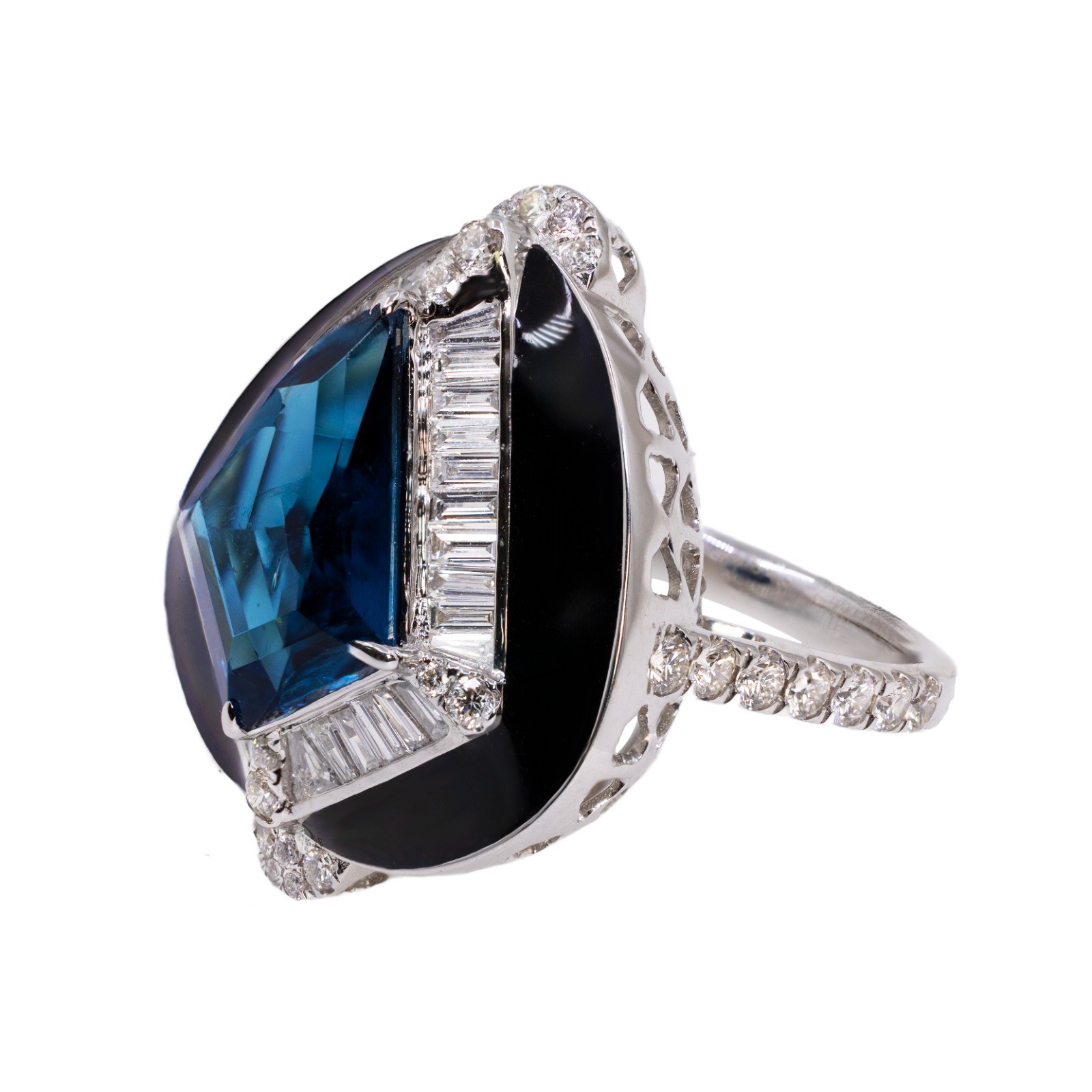  Inel Aur Alb 18k, Turmalina Indicolite 3.35 ct, Diamante 1.28 ct, Email 3