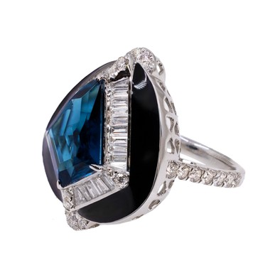  Inel Aur Alb 18k, Turmalina Indicolite 3.35 ct, Diamante 1.28 ct, Email 3