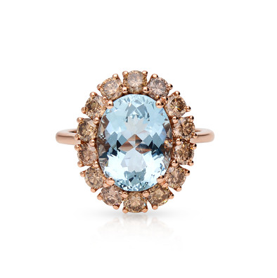  Inel Aur Roz 18k, Aquamarin 3.50 Ct, Diamante Champagne 1.35 ct 1