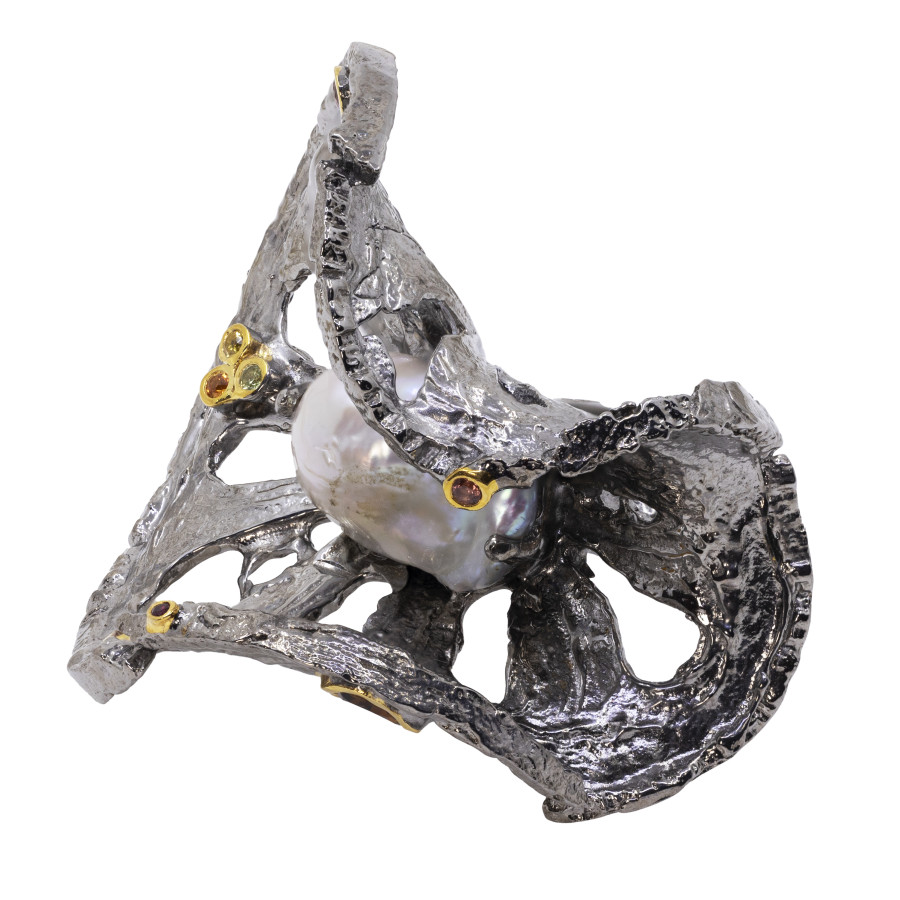  Inel Argint 925, Perla Baroque, Safire Fancy 3