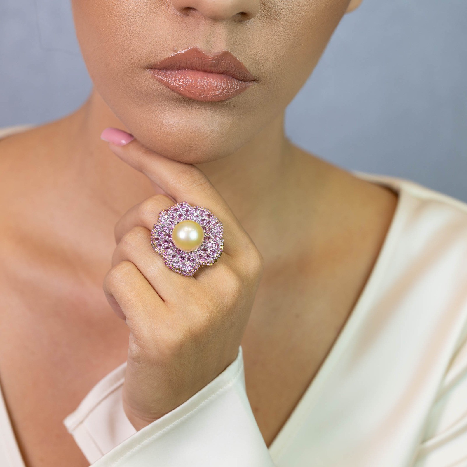  Inel Argint 925, Perla 15 mm, Safire Roz 7.20 ct 2