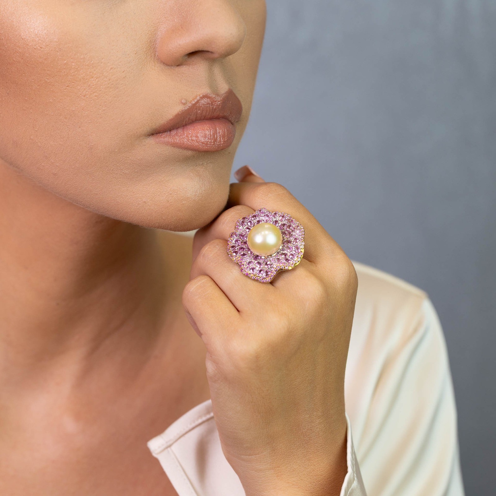  Inel Argint 925, Perla 15 mm, Safire Roz 7.20 ct 3