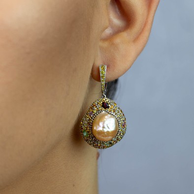  Cercei Argint 925, Perle Baroque, Safire, Tsavorite 2