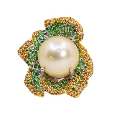  Inel Argint 925, Perla 15 mm, Tsavorite  1.10 ct, Safire Galbene 0.70 ct 1