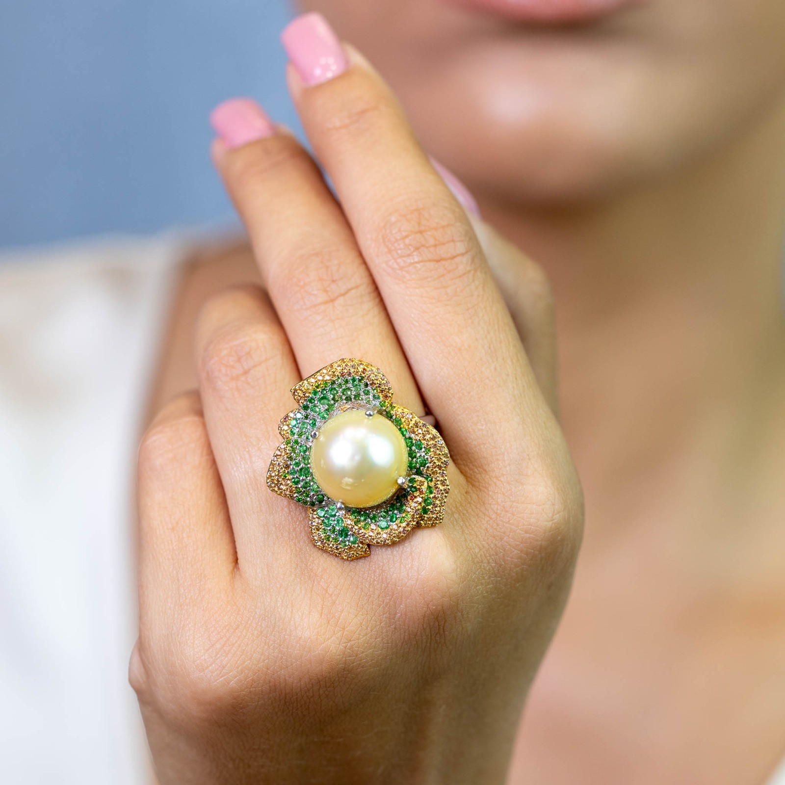  Inel Argint 925, Perla 15 mm, Tsavorite  1.10 ct, Safire Galbene 0.70 ct 2